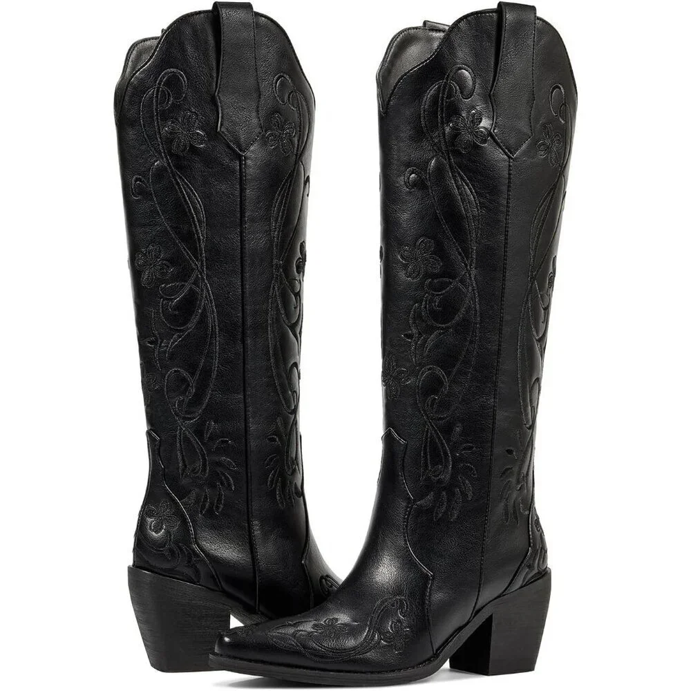 Women Faux Leather Classic Black Floral Embroidered Chunky Heel Pointed Toe Boot